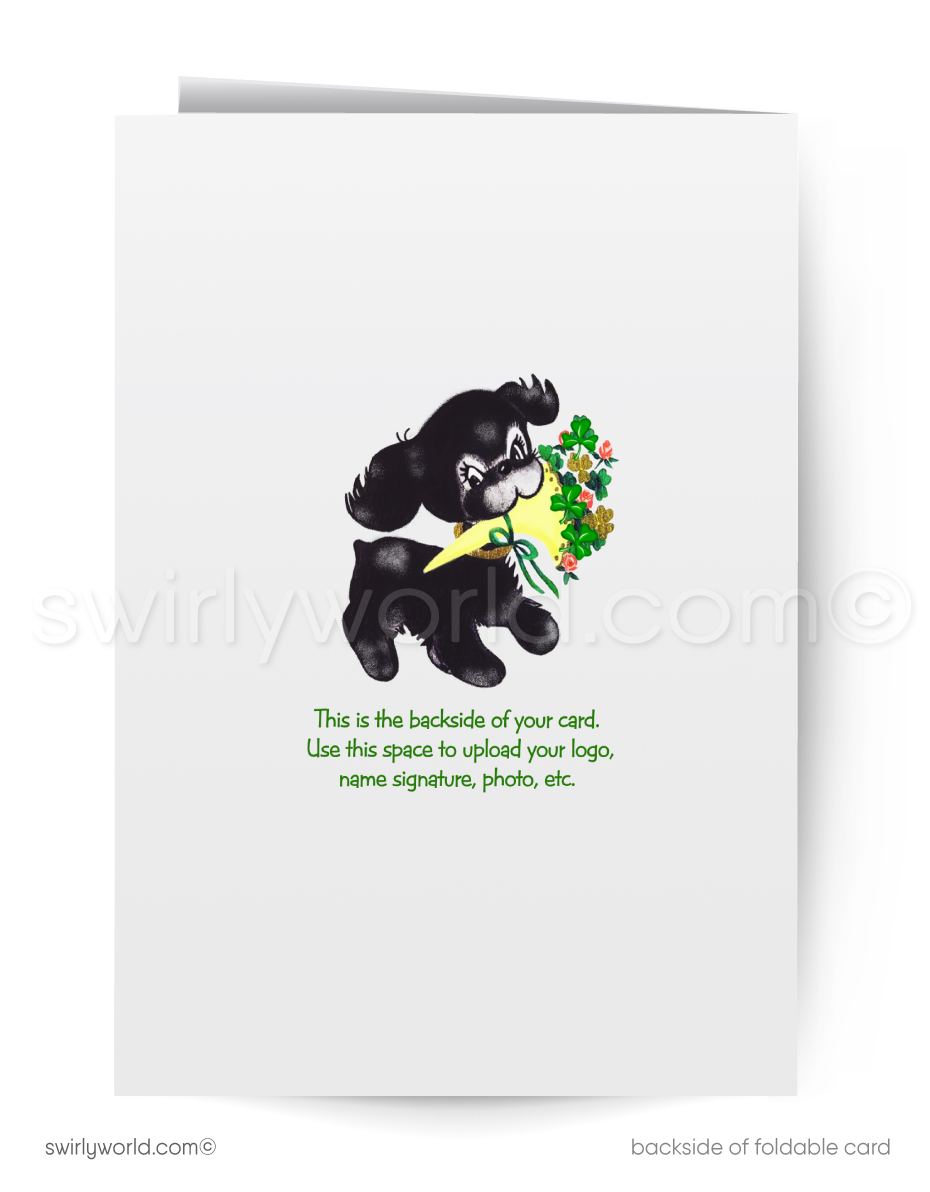 Vintage St. Patrick’s Day Card – Kitschy Dog in Leprechaun Hat with Shamrocks – 1940s-50s Mid-Century Design