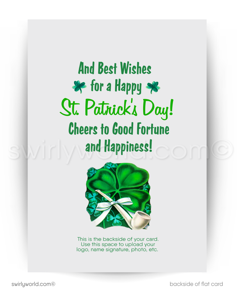 Vintage St. Patrick’s Day Card – Kitschy Dog in Leprechaun Hat with Newspaper – 1940s-50s Mid-Century Design