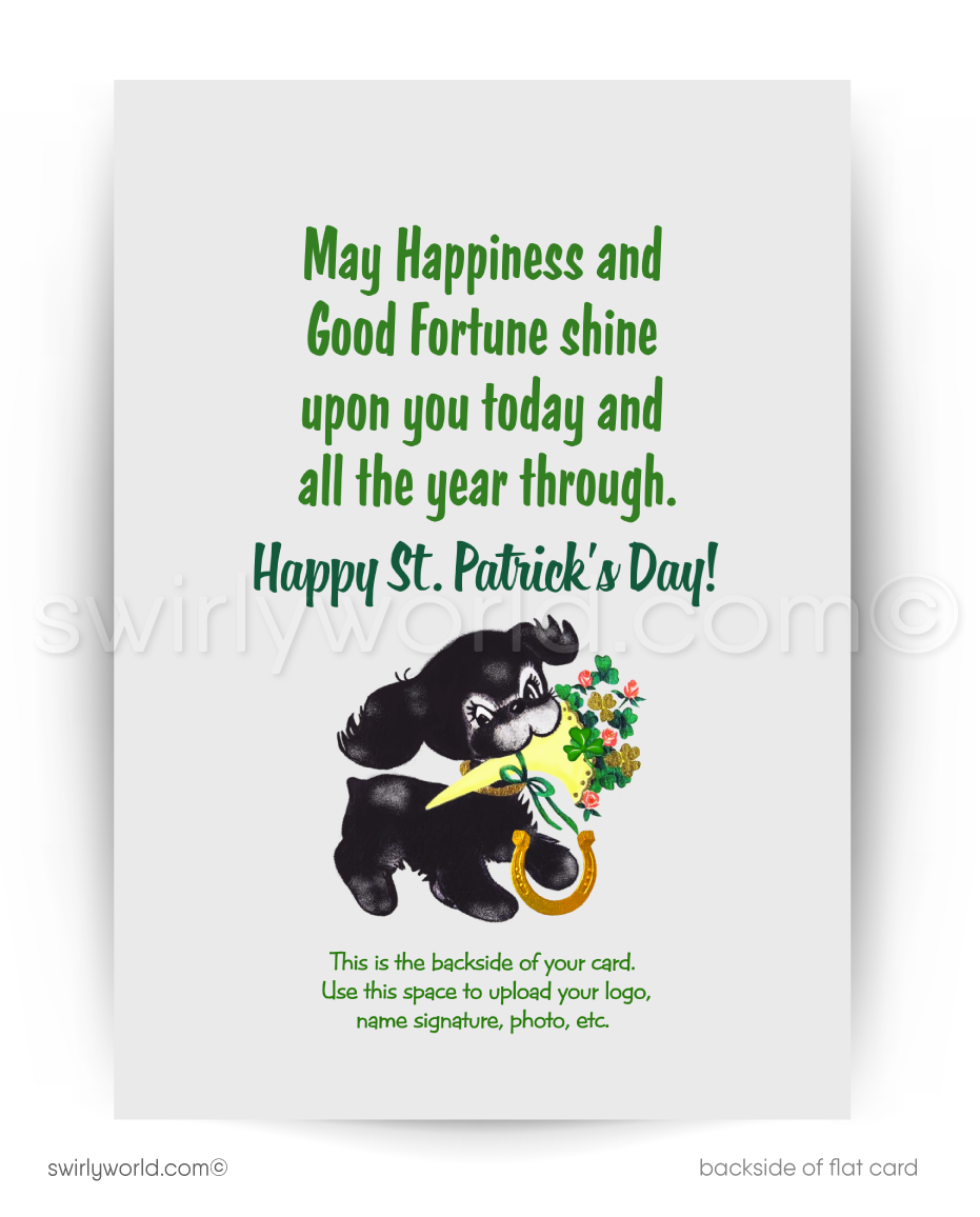 Vintage St. Patrick’s Day Card – Kitschy Dog in Leprechaun Hat with Shamrocks – 1940s-50s Mid-Century Design