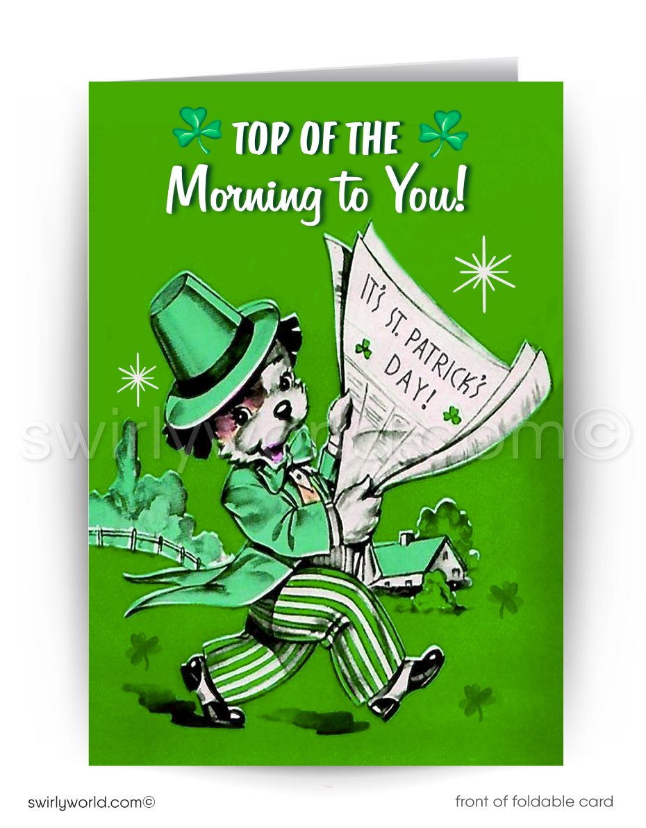 Send St. Patrick’s Day cheer with a vintage card featuring a kitschy dog in a leprechaun hat, strolling with a newspaper. Perfect for clients, friends & more!