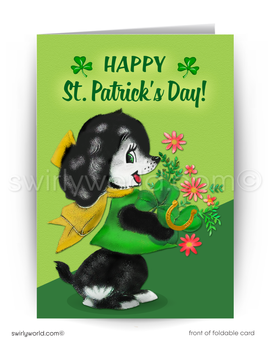 Vintage St. Patrick’s Day Card – Kitschy Dog in Leprechaun Hat with Shamrocks – 1940s-50s Mid-Century Design