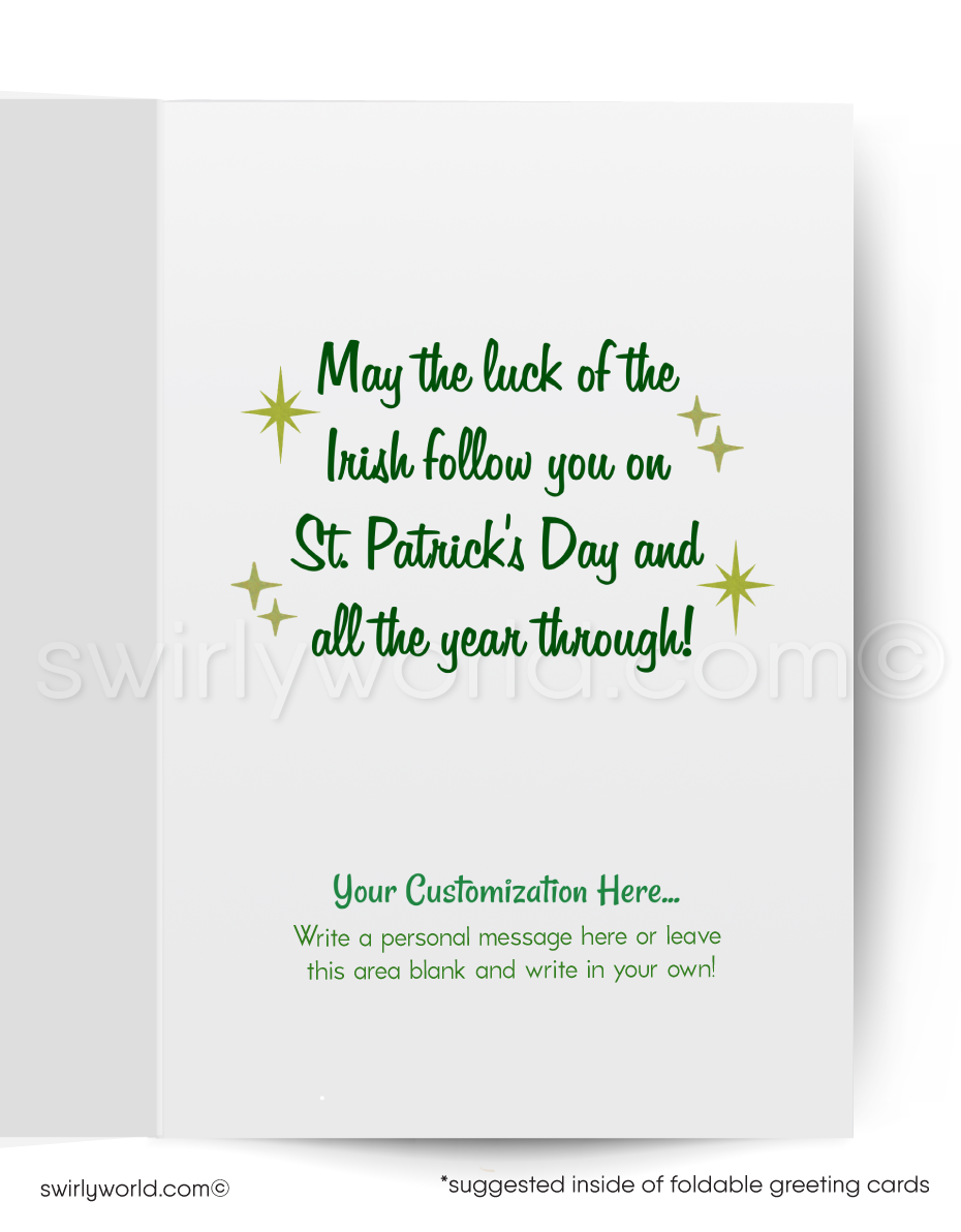 Greeting card with a cartoon cat in a leprechaun outfit holding a four-leaf clover on a green background.