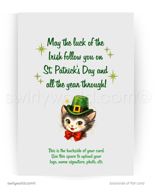 St. Patrick's Day card with a cat wearing a green hat and red bow tie, and text祝福你
