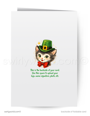 Backside of a foldable card with a cat wearing a leprechaun hat and text space.