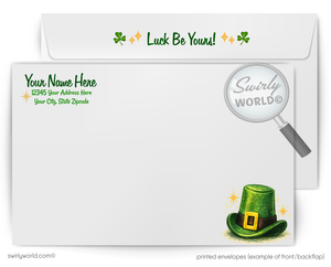 Envelopes with a green leprechaun hat and 'Swirly World' branding