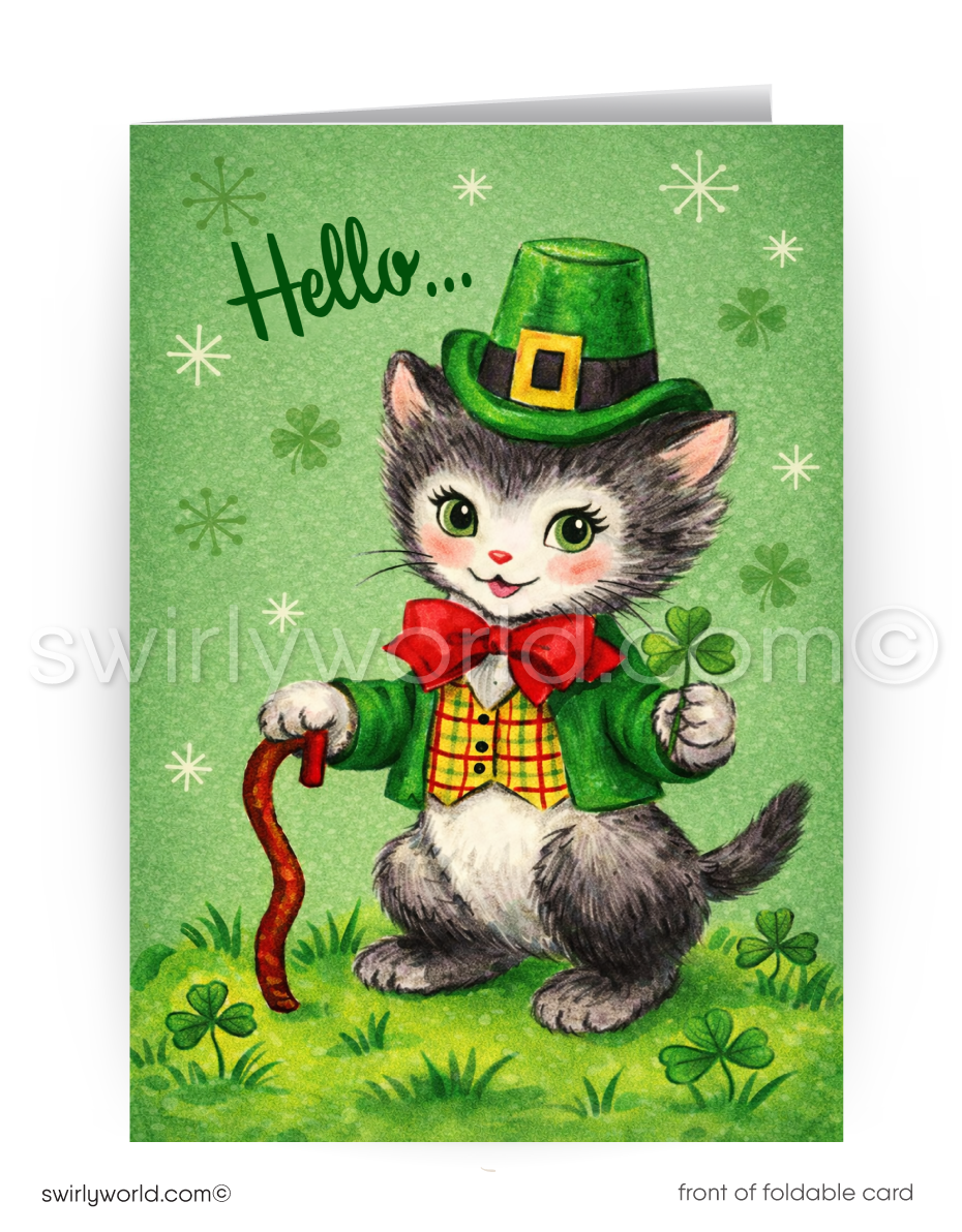 Greeting card with a cartoon cat in a leprechaun outfit holding a four-leaf clover on a green background.