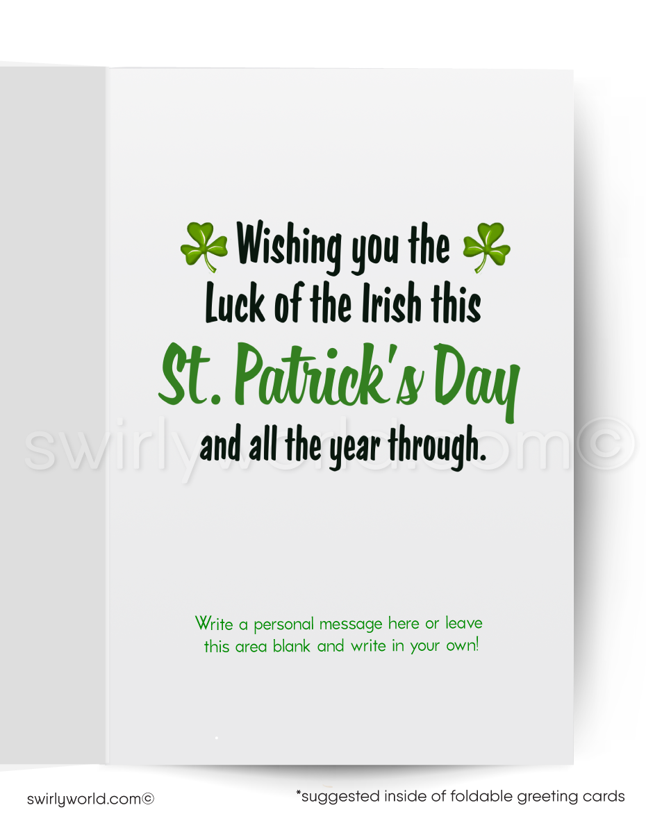 Celebrate St. Patrick’s Day with a vintage card featuring a kitschy leprechaun, shamrocks, and retro charm. Perfect for clients, friends, and festive greetings!