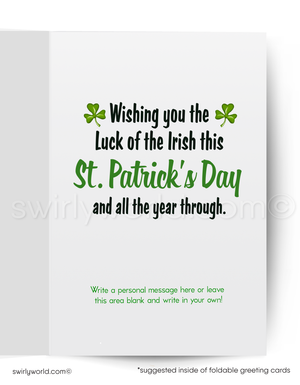 Vintage St. Patrick’s Day Card – Kitschy Leprechaun with Shamrock – 1940s-50s Mid-Century Design