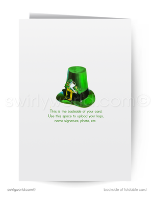 Vintage St. Patrick’s Day Card – Kitschy Leprechaun with Shamrock – 1940s-50s Mid-Century Design