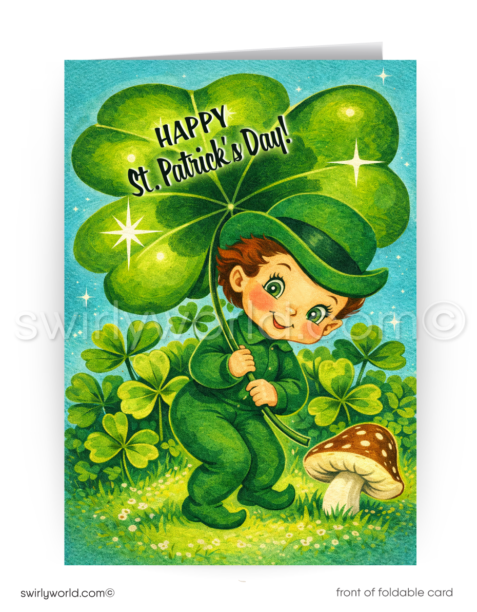 St. Patrick's Day card with a leprechaun holding a four-leaf clover and text 'Happy St. Patrick's Day!'.