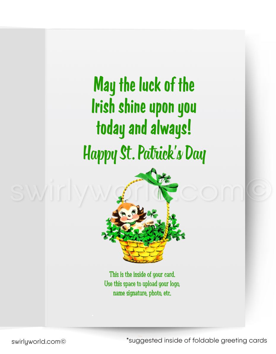 Vintage St. Patrick’s Day Card – 1940s-50s Irish Girl, Shamrocks, Mid-Century Modern Design
