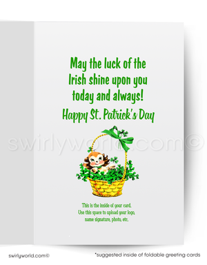 Vintage St. Patrick’s Day Card – 1940s-50s Irish Girl, Shamrocks, Mid-Century Modern Design