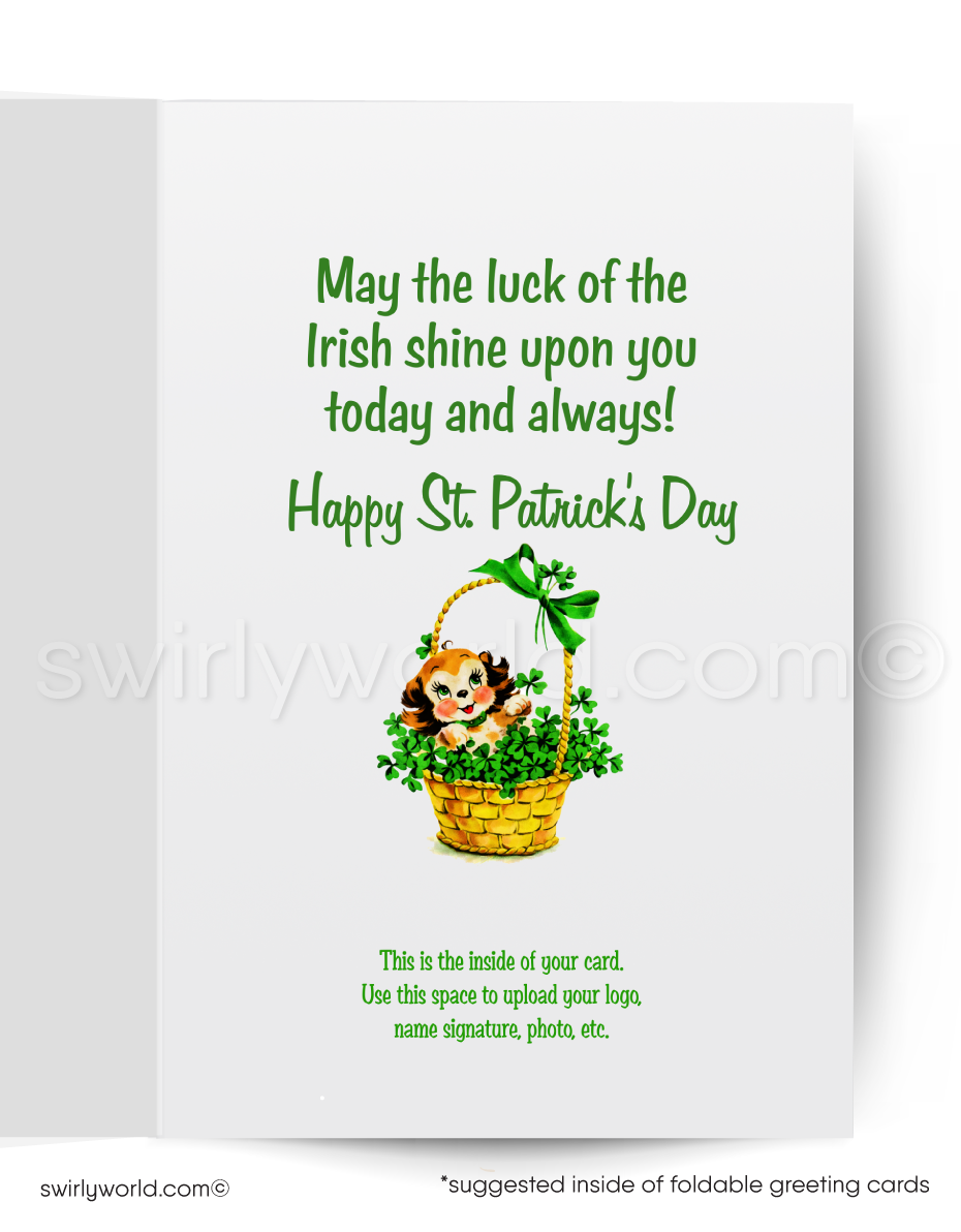 Vintage-style card with a girl holding a basket of shamrocks and 'Top O' the Day!' text on a green background.
