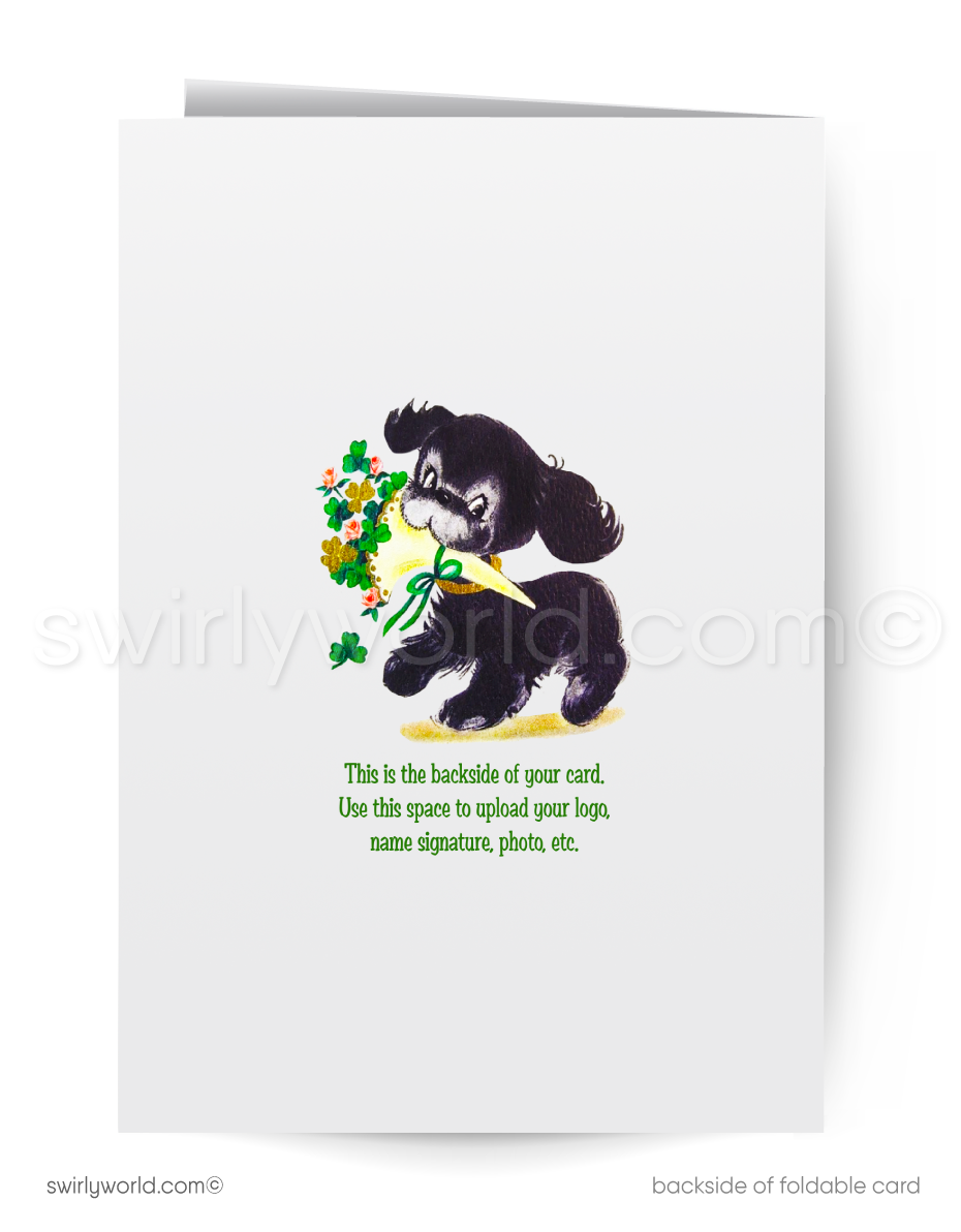 Vintage St. Patrick’s Day Card – 1940s-50s Irish Girl, Shamrocks, Mid-Century Modern Design