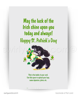Vintage St. Patrick’s Day Card – 1940s-50s Irish Girl, Shamrocks, Mid-Century Modern Design