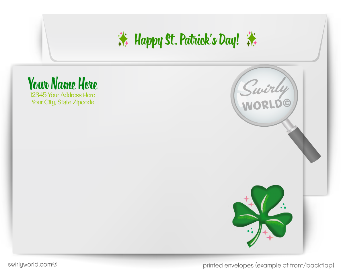 Vintage St. Patrick’s Day Card – 1940s-50s Irish Girl, Shamrocks, Mid-Century Modern Design