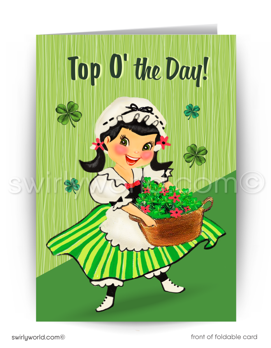 Vintage St. Patrick’s Day Card – 1940s-50s Irish Girl, Shamrocks, Mid-Century Modern Design