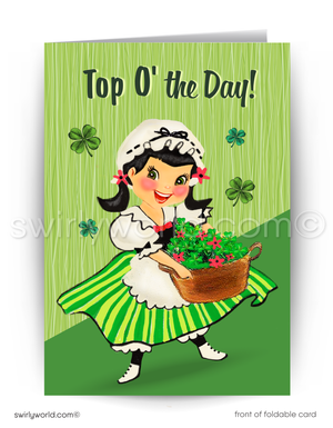 Vintage St. Patrick’s Day Card – 1940s-50s Irish Girl, Shamrocks, Mid-Century Modern Design