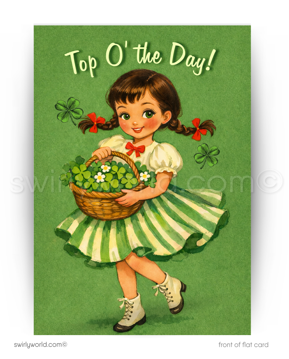 Vintage-style card with a girl holding a basket of shamrocks and 'Top O' the Day!' text on a green background.