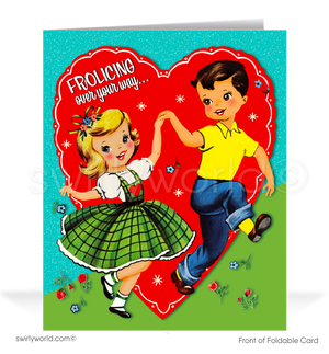 Celebrate Valentine’s Day with 1940s-1950s style kitschy cards! Featuring a cute boy and girl frolicking in a flower-filled garden. Vintage charm at its finest!