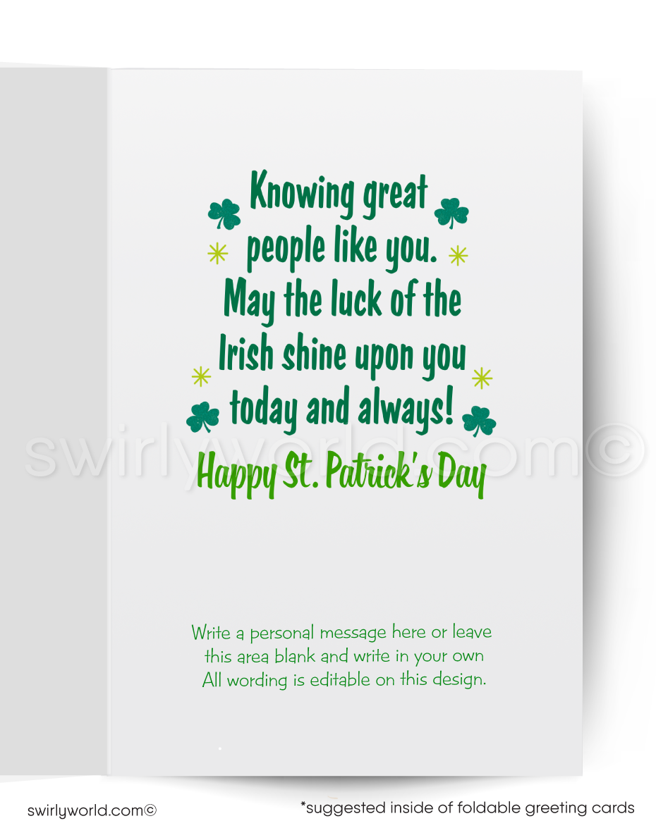 Celebrate St. Patrick’s Day with a vintage card featuring a dapper dog in festive Irish attire, holding a lucky horseshoe. Perfect for clients, friends & more!