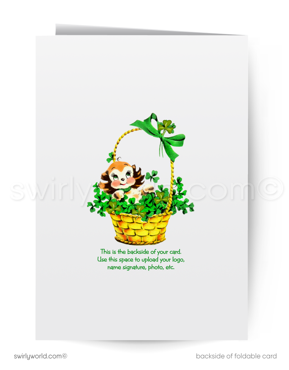 Vintage St. Patrick’s Day Card – Irish Girl with Shamrocks – 1940s-50s Mid-Century Design
