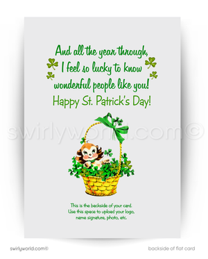 Vintage St. Patrick’s Day Card – Irish Girl with Shamrocks – 1940s-50s Mid-Century Design