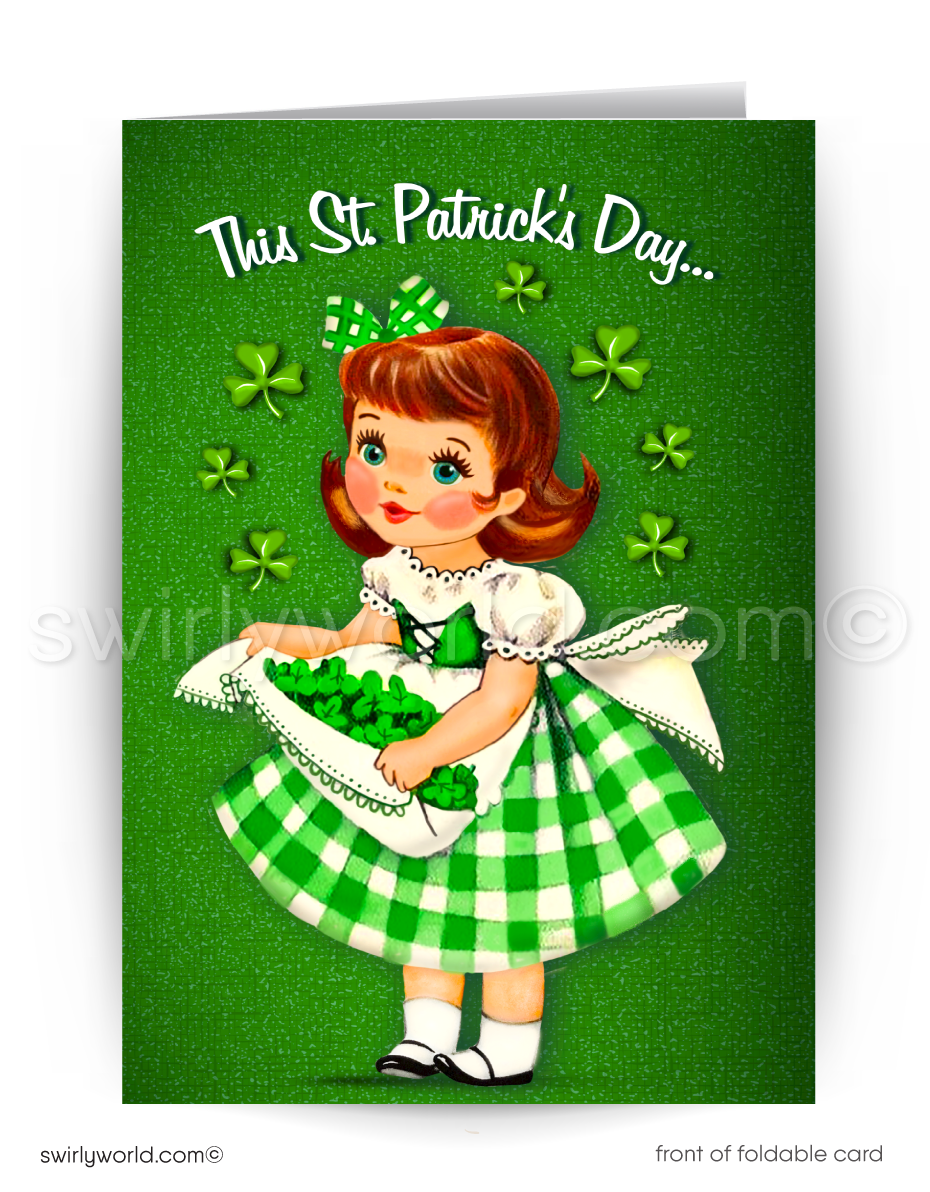 Celebrate St. Patrick’s Day with a vintage card featuring a kitschy Irish girl holding shamrocks. Perfect for clients, friends, and festive greetings!