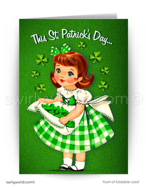 Celebrate St. Patrick’s Day with a vintage card featuring a kitschy Irish girl holding shamrocks. Perfect for clients, friends, and festive greetings!