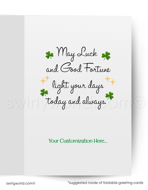 Motivational card with text 'May Luck and Good Fortune light your days today and always' on a white background.