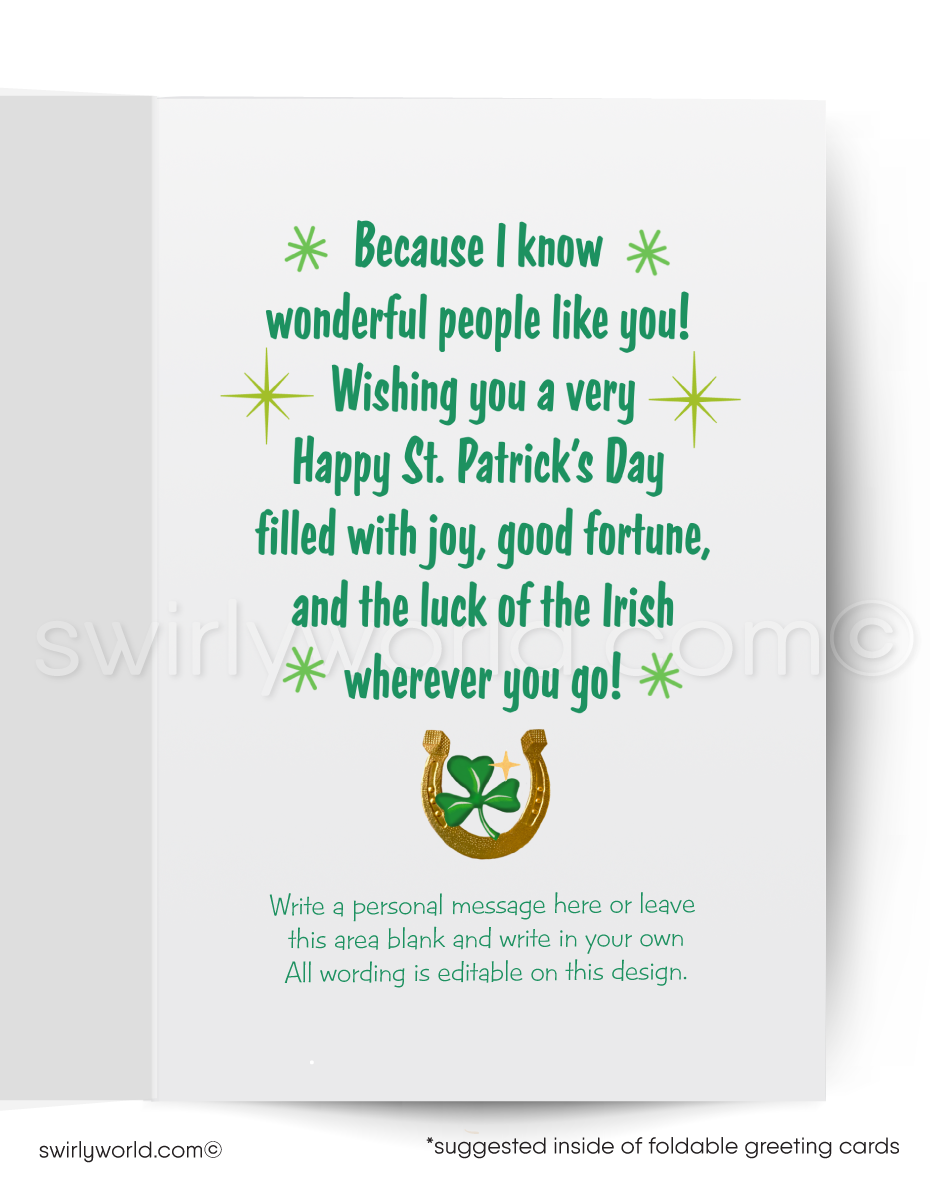 Celebrate St. Patrick’s Day with a vintage card featuring a kitschy leprechaun, pot of gold, and rainbow. Perfect for clients, friends, and festive greetings!