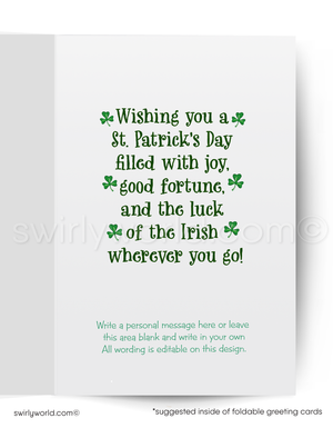 Vintage St. Patrick’s Day Card – Leprechaun on Mushroom with Shamrocks – 1960s-70s Mid-Century Design