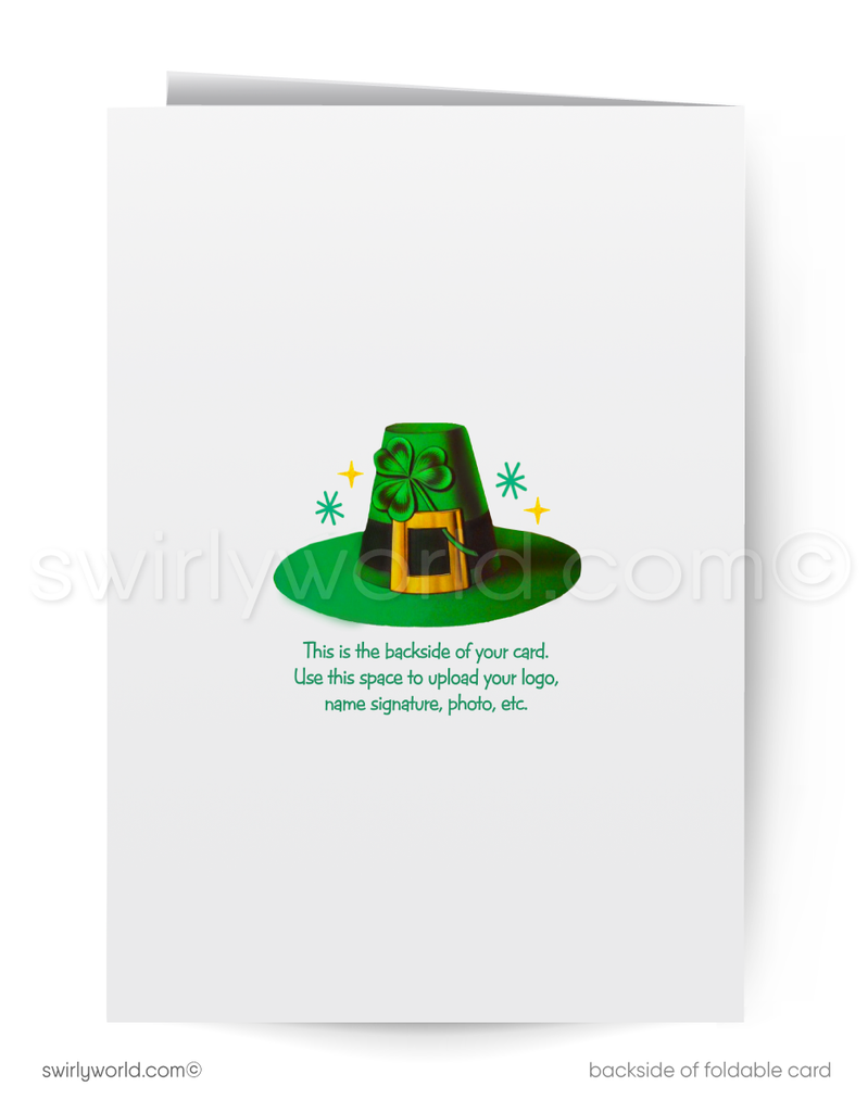 Vintage St. Patrick’s Day Card – Leprechaun with Pot of Gold & Rainbow – 1940s-50s Mid-Century Design
