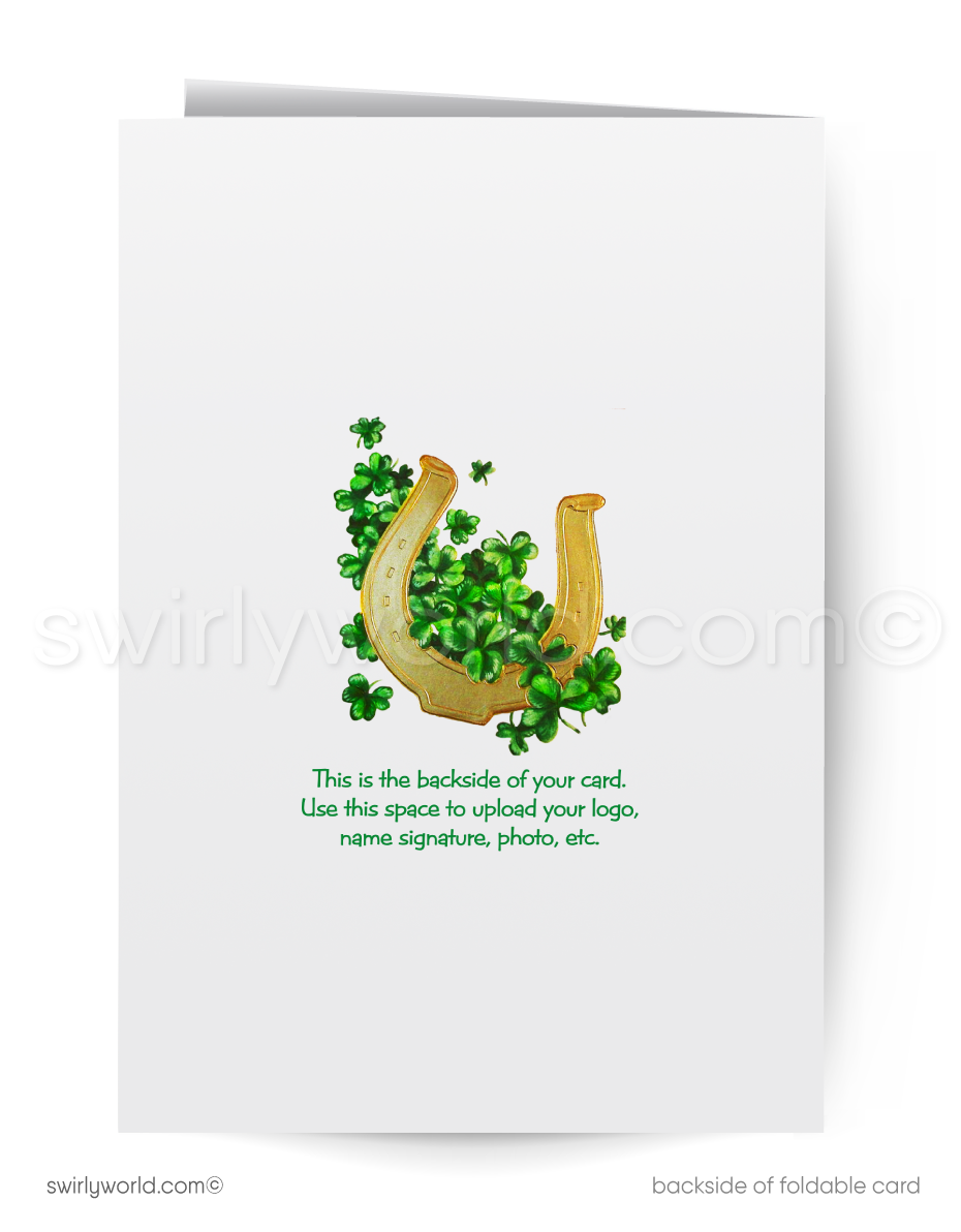 Vintage St. Patrick’s Day Card – Leprechaun on Mushroom with Shamrocks – 1960s-70s Mid-Century Design