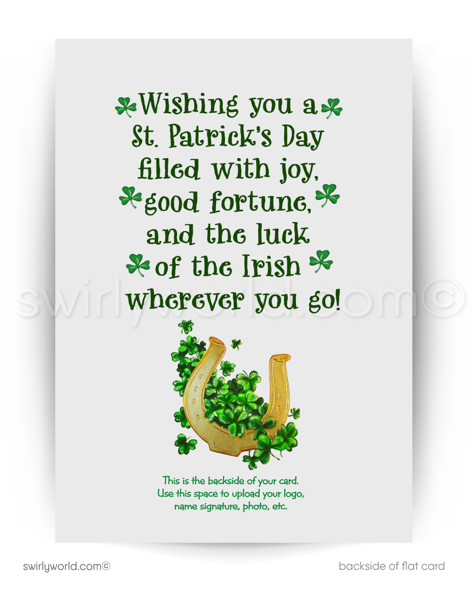 Vintage St. Patrick’s Day Card – Leprechaun on Mushroom with Shamrocks – 1960s-70s Mid-Century Design