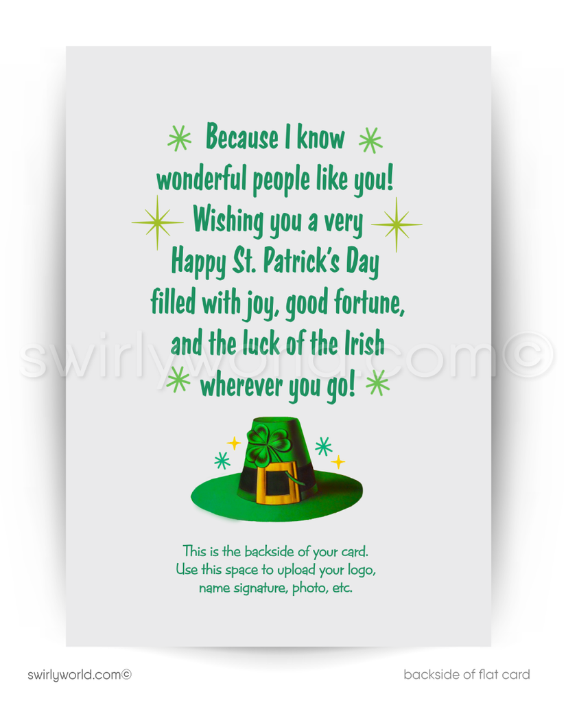 Vintage St. Patrick’s Day Card – Leprechaun with Pot of Gold & Rainbow – 1940s-50s Mid-Century Design