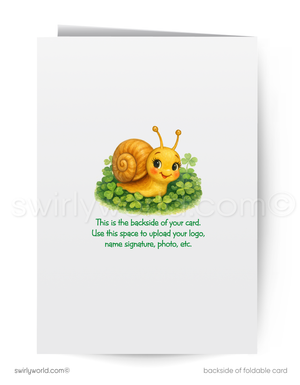 Backside of a card with a cartoon snail on a white background