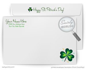 St. Patrick's Day themed printed envelopes with shamrock designs and 'Swirly World' branding.