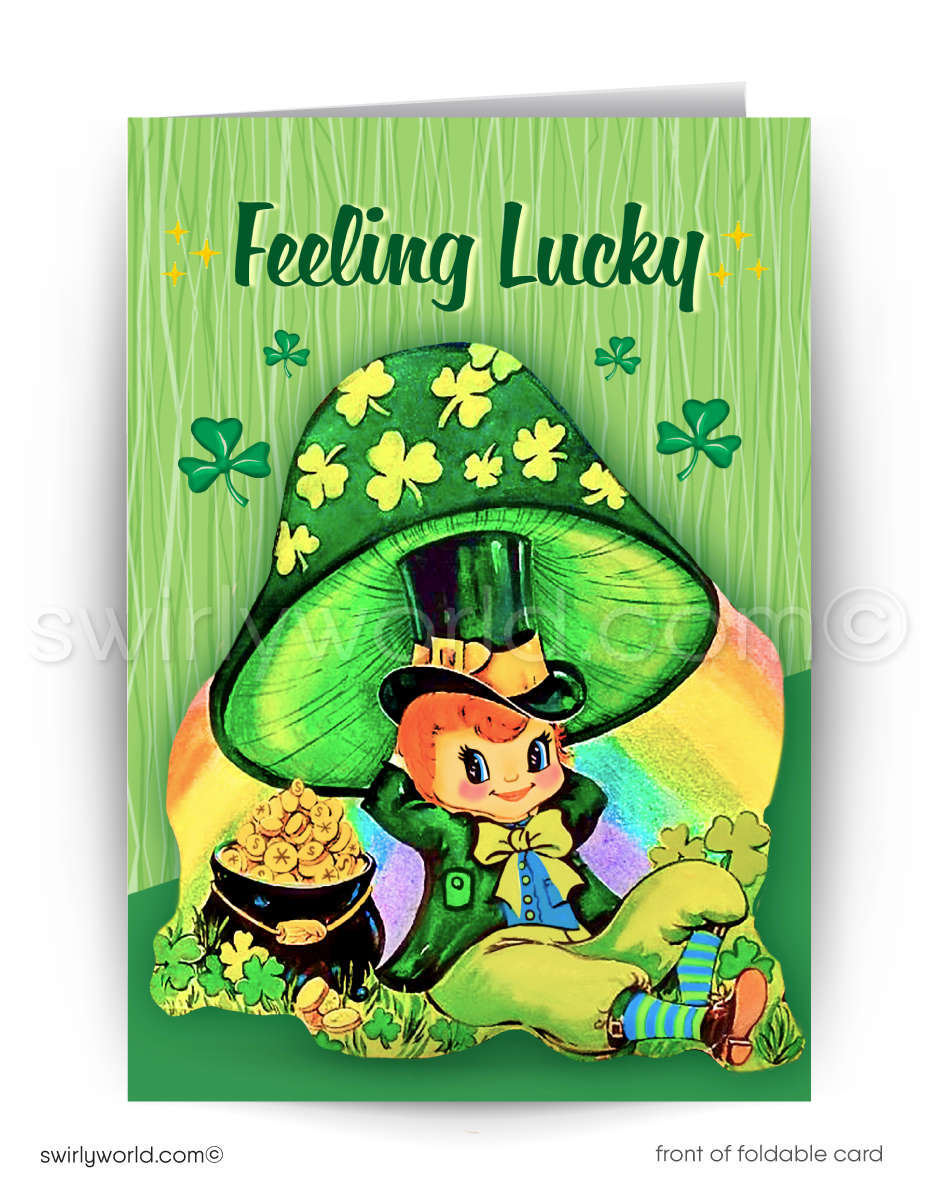 Celebrate St. Patrick’s Day with a vintage card featuring a kitschy leprechaun, pot of gold, and rainbow. Perfect for clients, friends, and festive greetings!