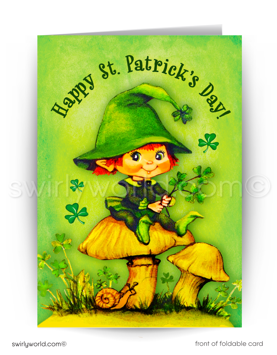 Vintage St. Patrick’s Day Card – Leprechaun on Mushroom with Shamrocks – 1940s-50s Mid-Century Design