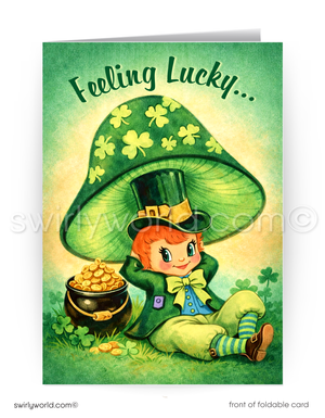 St. Patrick's Day card with a leprechaun and pot of gold, featuring the text 'Feeling Lucky'.