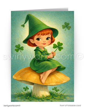 Vintage 1940s-1950s St Patrick's Day cards with leprechaun on mushroom holding a shamrock.