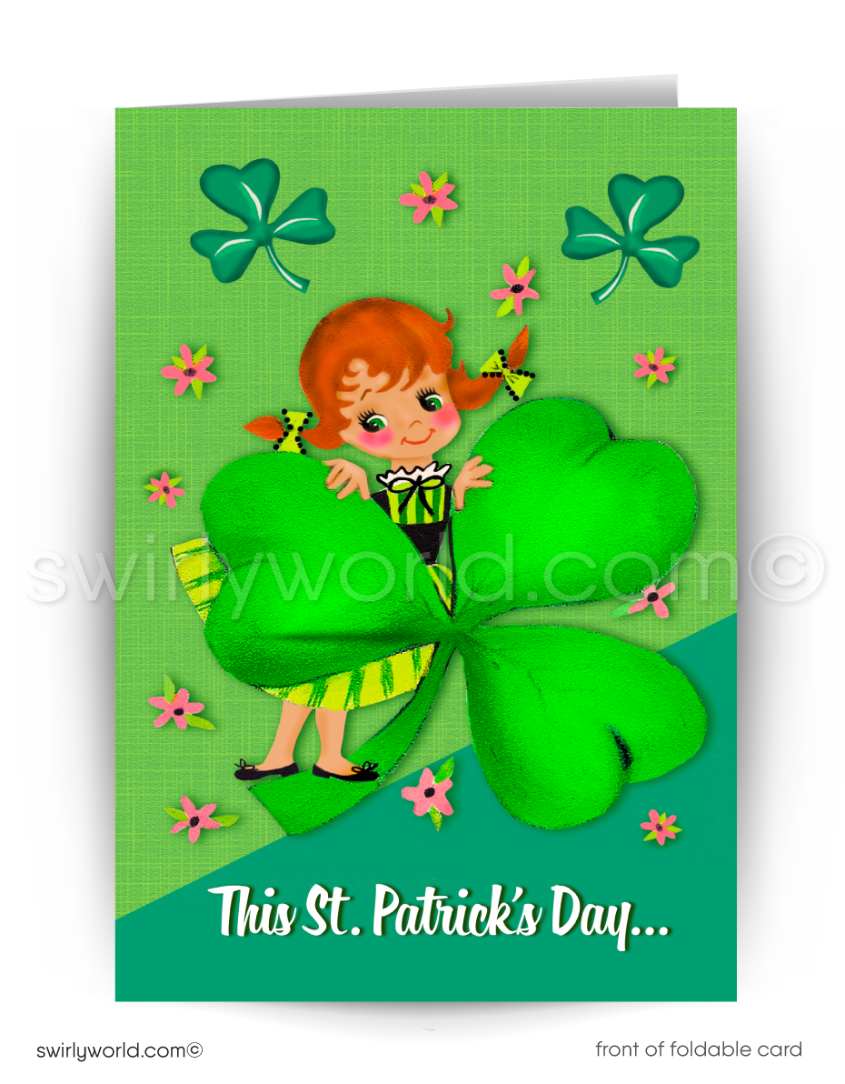 Celebrate St. Patrick’s Day with a vintage-inspired greeting card featuring a charming Irish lass, shamrocks, and retro typography. Perfect for clients & friends!