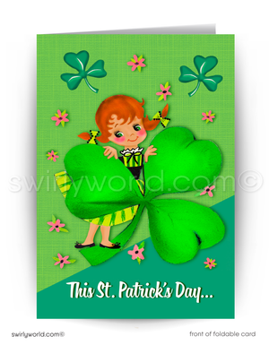 Celebrate St. Patrick’s Day with a vintage-inspired greeting card featuring a charming Irish lass, shamrocks, and retro typography. Perfect for clients & friends!