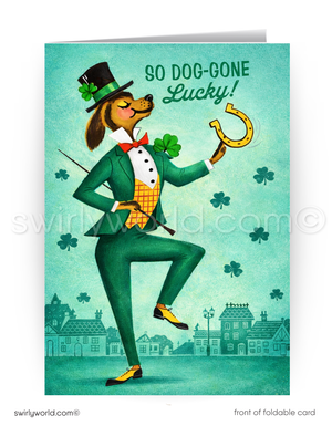 St. Patrick's Day card with a dog in a green suit holding a horseshoe and text 'So Dog-Gone Lucky!' on a blue background.