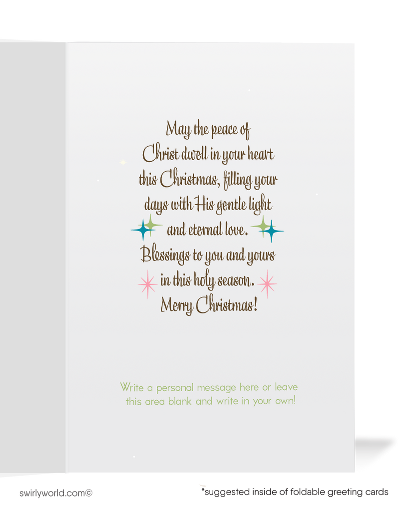 Vintage Mid-Century Christmas Card – Pink Church Winter Scene with Retro Typography, Customizable Holiday Greeting
