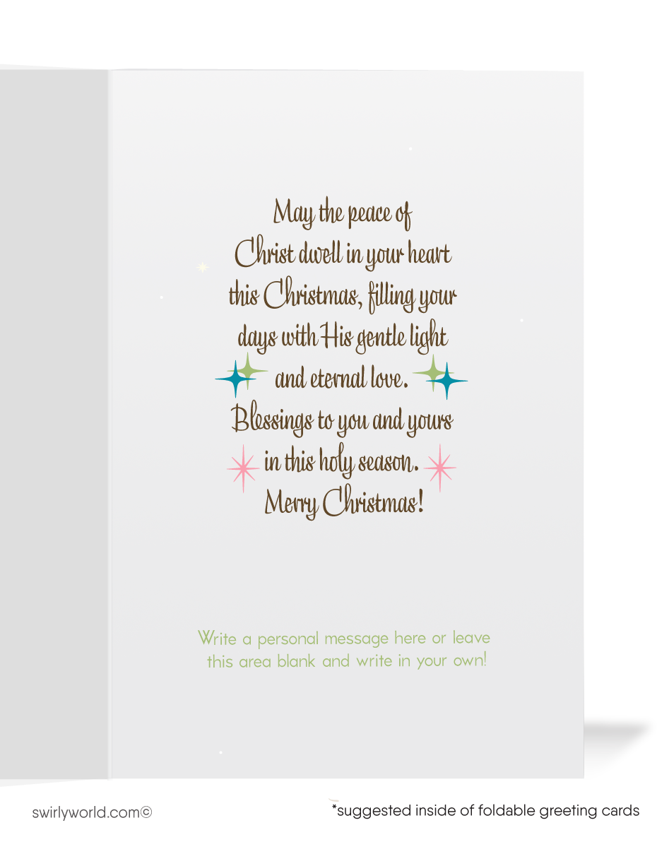 Send warm wishes with our vintage mid-century Christmas cards, featuring a pink church in a serene winter scene. Retro typography adds timeless charm. Customizable!
