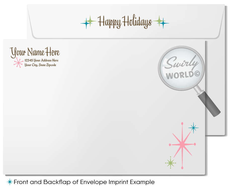 Vintage Mid-Century Christmas Card – Pink Church Winter Scene with Retro Typography, Customizable Holiday Greeting