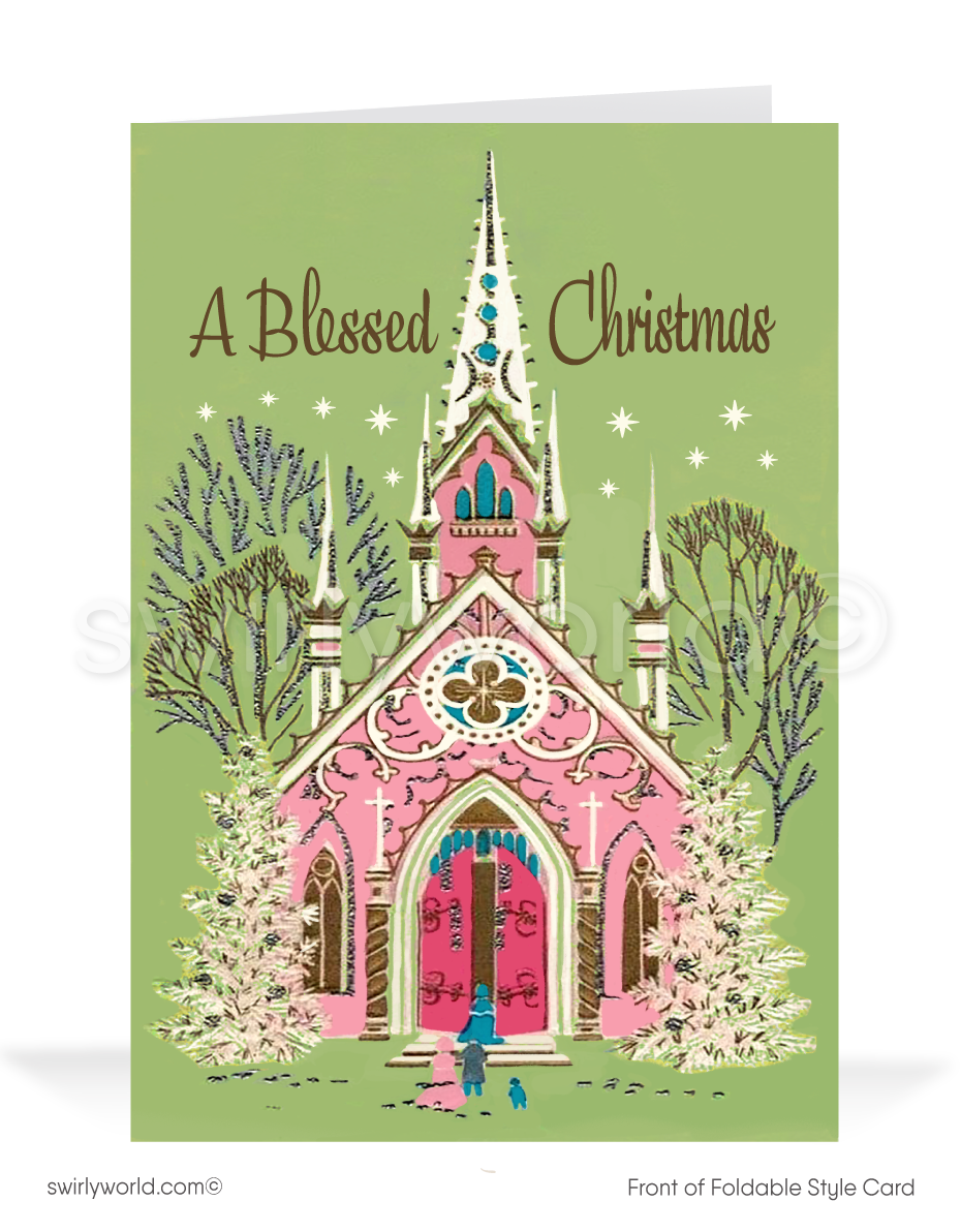 Send warm wishes with our vintage mid-century Christmas cards, featuring a pink church in a serene winter scene. Retro typography adds timeless charm. Customizable!