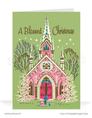 Send warm wishes with our vintage mid-century Christmas cards, featuring a pink church in a serene winter scene. Retro typography adds timeless charm. Customizable!